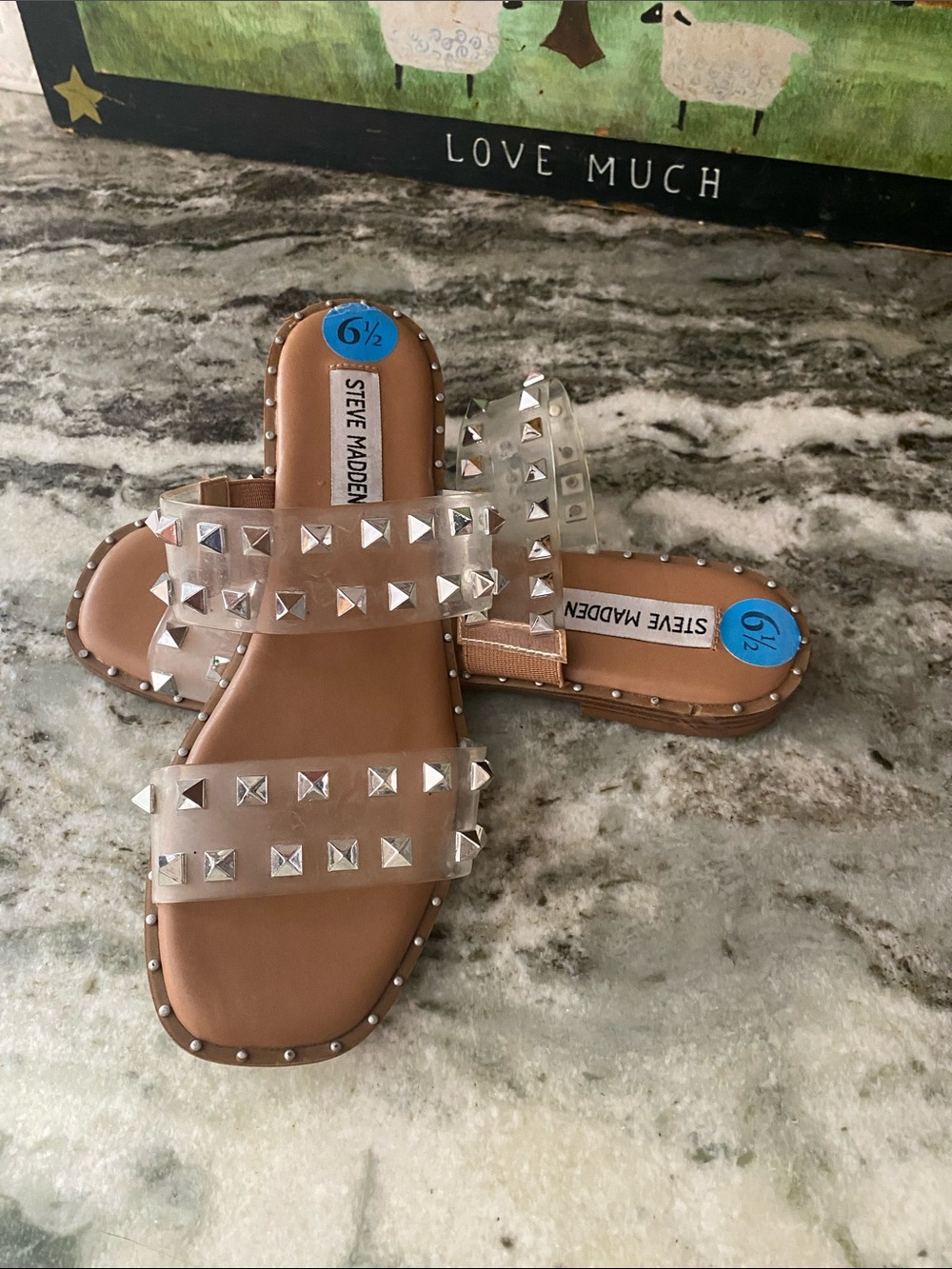 Steve Madden Clear Studded Slide Sandals in Tan